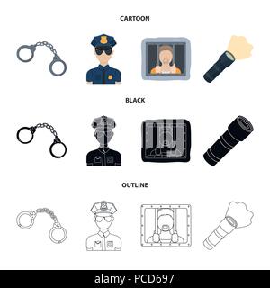 Handcuffs, policeman, prisoner, flashlight.Police set collection icons in cartoon,black,outline style vector symbol stock illustration . Stock Vector
