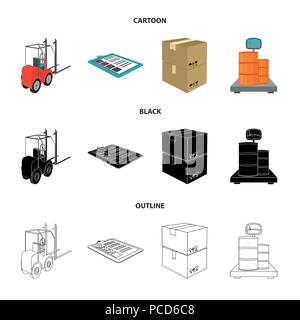Forklift, delivery slips, packaged goods, cargo on weighing scales. Logistics and delivery set collection icons in cartoon,black,outline style isometr Stock Vector