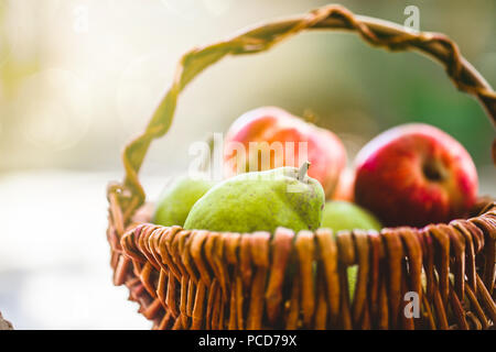 Fresh apples and pears on wood. Fresh organic fruit. Red apples Stock Photo