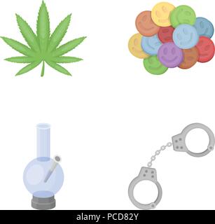 Hemp leaf, ecstasy pill, handcuffs, bong.Drug set collection icons in cartoon style vector symbol stock illustration . Stock Vector