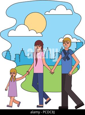 dad mom and daughter holding hands walking in the park city vector illustration Stock Vector