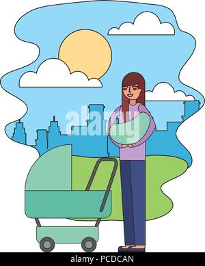 mother carrying her baby on arms and pram in the park city vector illustration Stock Vector