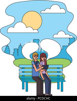 couple sitting on bench making selfie in the city vector illustration Stock Vector