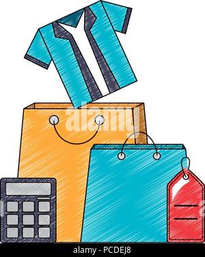 shopping bags commercial with clothes and accessories vector illustration design Stock Vector
