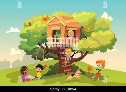 Happy multiracial boys and girls playing and having fun in the treehouse, kids playing with dog, and watering gun, reading book and climb ladder in the neighborhood. Detailed vector Illustration. Stock Vector