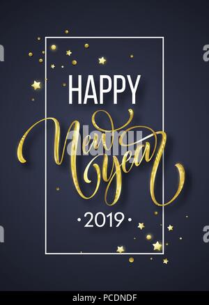 2019 New Year hand written lettering with golden Christmas stars on a black background. Vector illustration Stock Vector