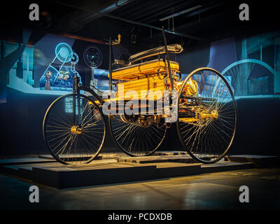 RIGA, LATVIA-APRIL 18, 2018: 1886 Benz Patent-Motorwagen (Benz patent motor car) in the Riga Motor Museum. It is widely regarded as the world's first  Stock Photo