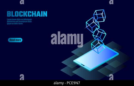 Blockchain cube chain symbol on smartphone gadget screen. Blue neon glowing modern trend. Cryptocurrency finance bitcoin business concept vector illustration background template Stock Vector