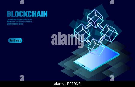 Blockchain cube chain symbol on smartphone gadget screen. Blue neon glowing modern trend. Cryptocurrency finance bitcoin business concept vector illustration background template Stock Vector