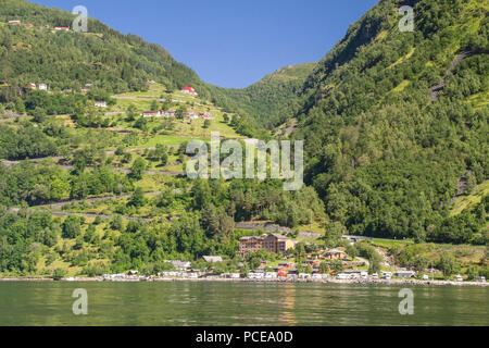 view of Gerianger Fjord in Norway showing the scenery and cruise ships Stock Photo