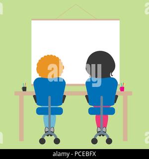 Two schoolchildren sitting on chair in school classroom with green wall and whiteboard with space for text - vector Stock Vector
