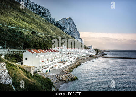 Gibraltar east side view with an urbanisation and Catalan beach area Stock Photo