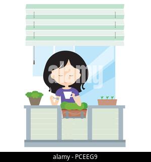 Young woman standing on balcony holding cup of coffee or tea in hand, window and blinds in background - vector Stock Vector