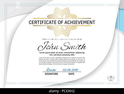 Official white certificate with grey, blue design elements. Business clean modern design Stock Vector