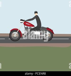 Biker riding on the road on a red motorcycle Stock Vector