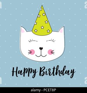 Happy Birthday Background wuth Little Cute Cat Vector Illustration Stock Vector