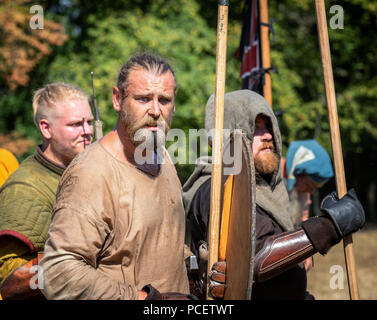 Battle reenactment at the worlds biggest Viking moot, Moesgaard Viking Moot, Aarhus, Denmark Stock Photo