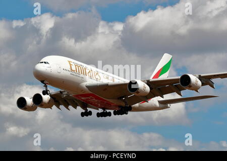 United Emirates Airbus A380 A6-EEI landing at London Heathrow Airport, UK Stock Photo