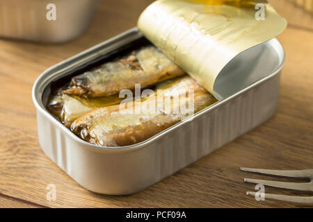 Organic Salty Canned Sardines in Olive Oil Stock Photo