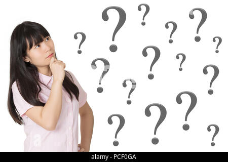 Portrait of a Beautiful Chinese American woman deep in thought with question marks isolated on a white background Stock Photo
