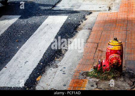 Cross walk lines and a red and yellow water fire hydrant on the side walk in Dalat, Vietnam. Upper left has shadow of motorcycle rider. Stock Photo