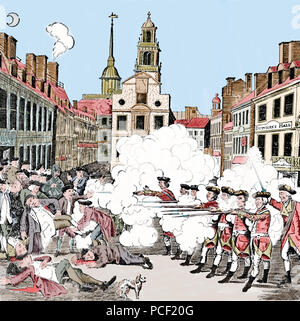 The Boston Massacre. March 5, 1770. Part of the American Revolution. Color engraving. 18th century. Stock Photo