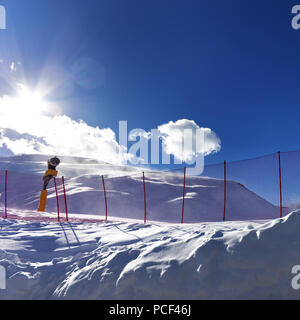 Ski resort in sunny winter day after snowfall. Square photo. Stock Photo