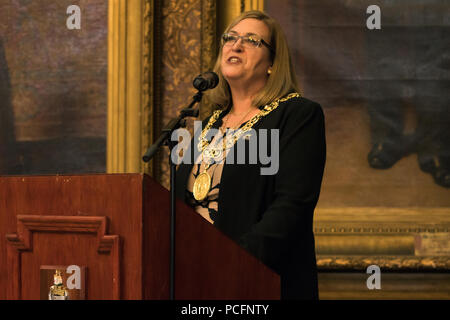 Glasgow, Scotland, UK. 31st July, 2018. Lord Provost, Eva Bolander pictured. Following a civic reception at the City Chambers the night before, the European Championships Nations Trophy has been unveiled for the first time at The Flying Scotsman at The Corinthian Club, Glasgow, Scotland. The Trophy will be presented to the winning nation across the seven participating sports. Iain McGuinness / Alamy Live News Stock Photo