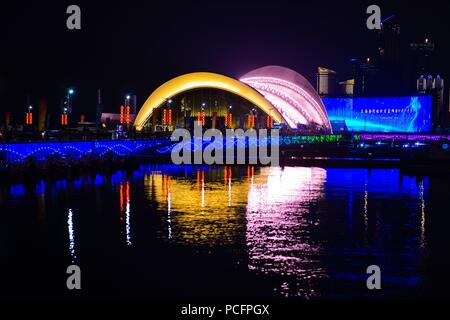 Qingdao, Qingdao, China. 2nd Aug, 2018. Qingdao, CHINA-Night scenery of lighting show in Qingdao, east China's Shandong Province. Credit: SIPA Asia/ZUMA Wire/Alamy Live News Stock Photo