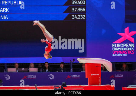 Glasgow, UK. 2nd August 2018. The first gymnastic competitions of the European ghampionships took place at the Hydro arena, Scottish exhibition centre with entrants from Denmark, Sweden, Cyprus, Bulgaria, Ireland, Georgia, Lithuania, Slovenia and the Czech Republic. Credit: Findlay/Alamy Live News Stock Photo