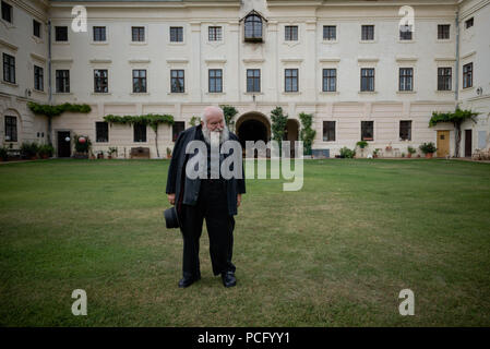 01 August 2018, Austria, Prinzendorf an der Zaya: The Austrian painter and action artist Hermann Nitsch stands in front of his castle. He will turn 80 on 29 August 2018. Photo: David Visnjic/dpa Stock Photo