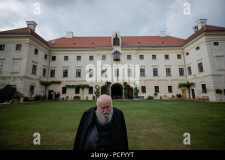 01 August 2018, Austria, Prinzendorf an der Zaya: The Austrian painter and action artist Hermann Nitsch stands in front of his castle. He will turn 80 on 29 August 2018. Photo: David Visnjic/dpa Stock Photo