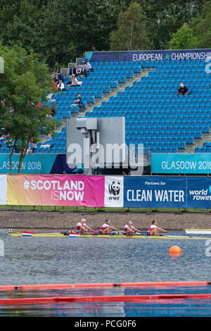 Glasgow, Scotland, “2nd August 2018”, The Netherlands Women’s Straight Four, “NED W4-“ passing under a sparsley populated Granstand after the finish of their heatEuropean Games, Rowing, Strathclyde Park, North Lanarkshire, © Peter SPURRIER/Alamy Live News Stock Photo