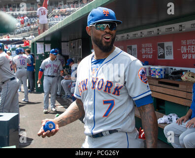 Washington, United States Of America. 01st Aug, 2018. New York Mets shortstop Jose Reyes (7) in the dugout prior to the game against the Washington Nationals at Nationals Park in Washington, DC on Wednesday, August 1, 2018. Credit: Ron Sachs/CNP (RESTRICTION: NO New York or New Jersey Newspapers or newspapers within a 75 mile radius of New York City) | usage worldwide Credit: dpa/Alamy Live News
