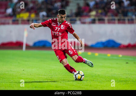 Cair Stadium, Nis, Serbia. 2nd Aug, 2018. UEFA Europa League qualification,  second qualifying round, 2nd leg; Radnicki Nis versus Maccabi Tel Aviv;  Aleksandar Stanisavljevic of Radnicki Nis celebrates scoring his goal with