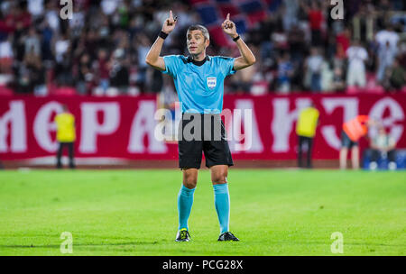 Cair Stadium, Nis, Serbia. 2nd Aug, 2018. UEFA Europa League qualification,  second qualifying round, 2nd leg; Radnicki Nis versus Maccabi Tel Aviv;  Aleksandar Stanisavljevic of Radnicki Nis celebrates scoring his goal with