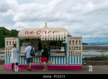 Cramond, Edinburgh, Scotland, United Kingdom, 2nd August 2018. People buying ice creams from Fotheringham's ice cream stall on a sunny Summer day at the coast in the village Stock Photo
