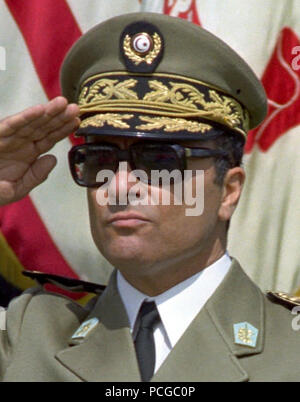 Republic of Tunisia Army Maj. Gen. Abdel Hamid Ben Mohamed Escheikh, Chief of Staff, Tunisian Army, salutes during the Armed Forces Full Honors Arrival Ceremony, conducted in his honor outside the Pentagon on April 20, 1981.  OSD Package No. A07D-00372 ( Stock Photo