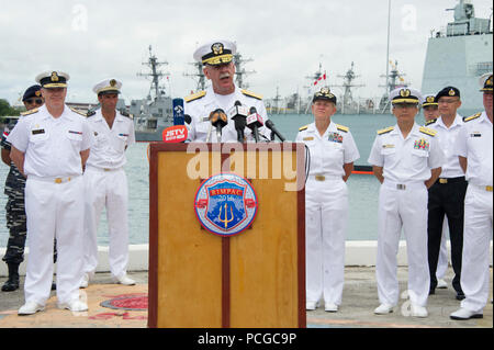 JOINT BASE PEARL HARBOR-HICKAM (July 5, 2016) Adm. Scott Swift,  commander of the U.S. Pacific Fleet, answers questions from the international press during the Rim of the Pacific (RIMPAC) 2016 opening press conference at Joint Base Pearl Harbor-Hickam. Twenty-six nations, more than 40 ships and submarines, more than 200 aircraft and 25,000 personnel are participating in RIMPAC from June 30 to Aug. 4, in and around the Hawaiian Islands and Southern California. RIMPAC 2016 is the 25th exercise in the series that began in 1971. Stock Photo