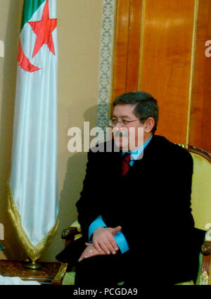 of Defense Donald H. Rumsfeld meets with Algerian Prime Minister Ahmed Ouyahia in Algiers, Algeria, on Feb. 12, 2006.  Rumsfeld met with delegations from the Mediterranean Dialogue countries of Algeria, Egypt, Israel, Jordan, Mauritania, Morocco and Tunisia earlier at the NATO Ministerial in Taormina, Sicily.  Rumsfeld is meeting with Ouyahia in Algiers to continue those talks and discuss regional security issues. Stock Photo