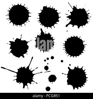 Black ink paint spots. Drops texture isolated on white background. Set for grunge splash textures. Vector illustration. Stock Vector