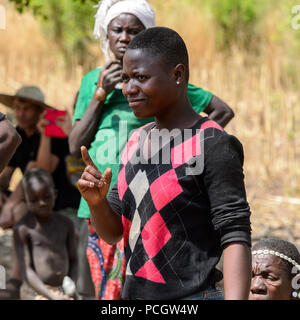 TAMBERMA VIL, TOGO - JAN 13, 2017: Unidentified Tammari  in the village. Tammaris are ethnic group of Togo and Benin Stock Photo