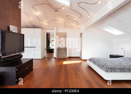 interior loft, nice bedroom, double bed Stock Photo