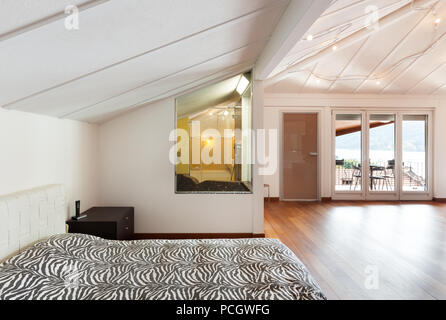 interior loft, nice bedroom, double bed Stock Photo