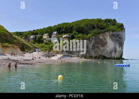 Saint-Pierre-en-Port (Normandy, northern France).  Cote d’Albatre (Alabaster coast). Houses on the chalk cliffs and swimmers on the pebble beach along Stock Photo