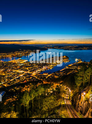 Night view from Fløyen in Bergen, Western Norway Stock Photo