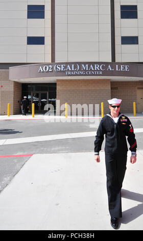 CORONADO, Calif. (March 20, 2013) A Special Warfare Operator (SEAL) visits the newly dedicated AO2 (SEAL) Marc A. Lee Training Center during the building dedication ceremony. Lee was mortally wounded during combat operations August 2, 2006, becoming the first Navy SEAL to be killed in Iraq supporting Operation Iraqi Freedom. Stock Photo