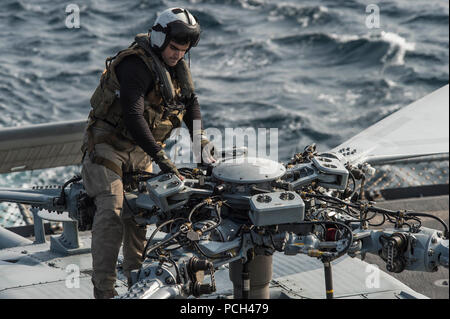 GULF (Nov. 19, 2016) Petty Officer 3rd Class Joseph Snider conducts a pre-flight check on an MH-60S Sea Hawk helicopter assigned to the Dusty Dogs of Helicopter Sea Combat Squadron (HSC) 7 in preparation for a vertical replenishment aboard the fast combat support ship USNS Arctic (T-AOE 8). Arctic is deployed supporting coalition maritime forces ships in the U.S. 5th Fleet area of operations. Stock Photo