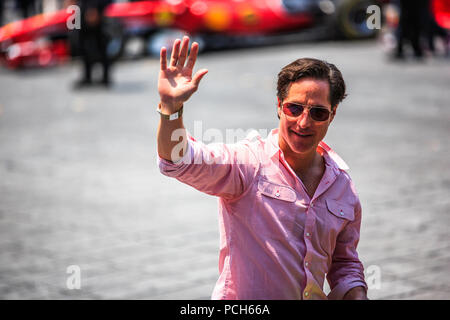Mexico City, Mexico - July 08, 2015: Mario Domínguez waving his hand to the people. At the Scuderia Ferrari Street Demo By Telcel - Infinitum. Stock Photo