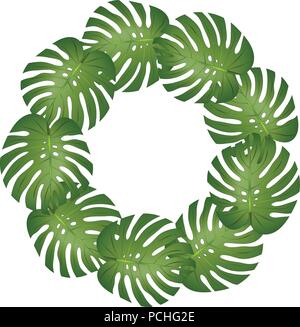Philodendron Monstera Leaf Wreath isolated on White Background. Vector Illustration. Stock Vector